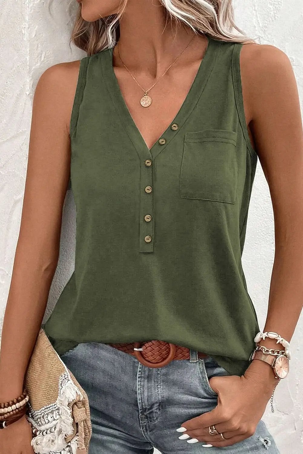 Jungle Green Half Button V Neck Patched Pocket Tank Top - Love Salve